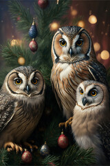 Owl Family Christmas Photo in front of Christmas Tree | Midjourney Ai Generated