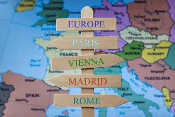 Poste indicador con los destinos de las ciudades mas importantes de Europa