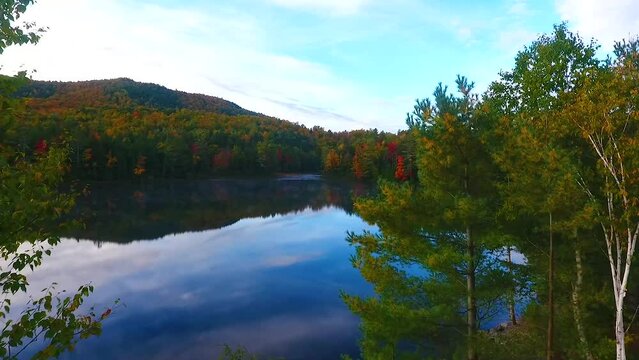 Aerial flying through trees elevated view of blue foggy morning lake surrounded by fall mountains