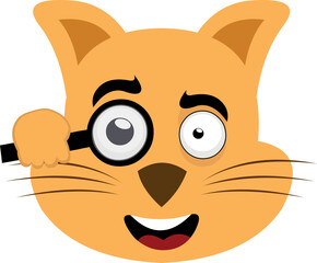 Vector illustration of emoticon of the face of a cartoon cat watching with a magnifying glass