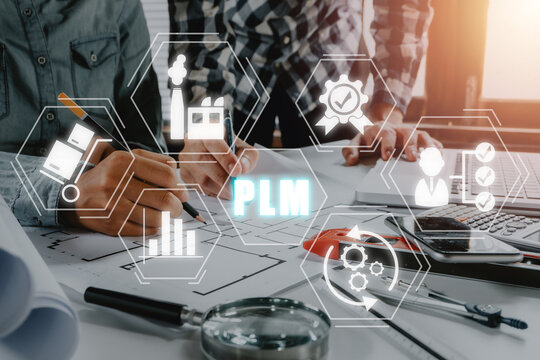 PLM - In industry, product lifecycle management concept, Construction team worker working in office with PLM icon on virtual screen, program development, Technology, Internet and network.