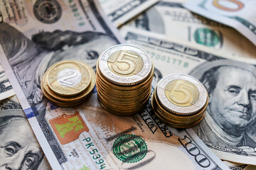 Fototapeta premium Dollar bills laid out on the table top view. Three different columns of coins, financial crisis, savings, salary, bank, Ukrainian money, hryvnia, eurocents, polish zloty. Photo, macro photography