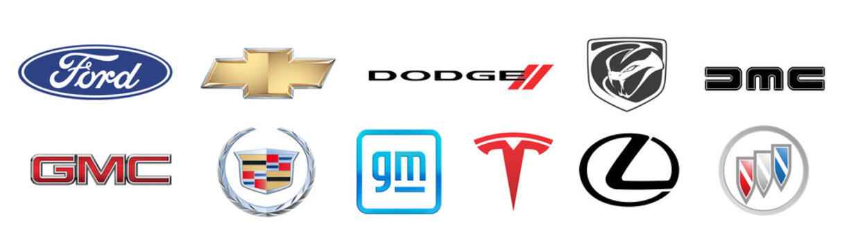 Automotive Car Logo Collection. Ford, DeLorean, Dodge, Viper, GMC, General Motors, Tesla, Lexus, Buick, Cadillac, Chevrolet icon set