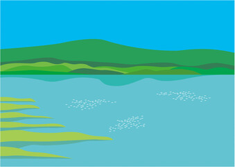キラキラ水面が光る夏の湖のイラスト02