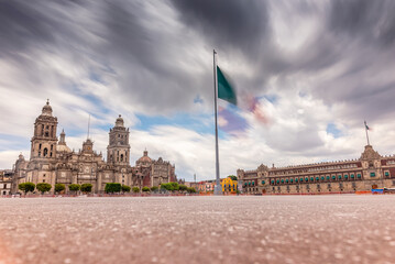 Long exposure of Zocalo, Cathedral and National Palace - Mexico City, Mexico