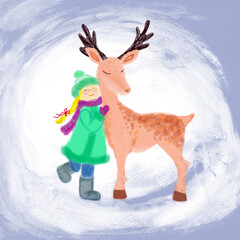 Girl hugging a deer. Winter. Digital illustration