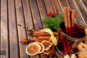 Hot tasty winter drink and Christmas spices