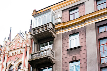 Vintage soviet architecture classical facade residential building with balconies. Community....