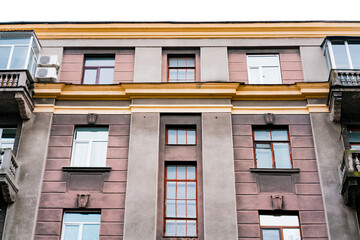 Vintage soviet architecture classical facade residential building with balconies. Century. City Life. Element. Home. Architectural. Stucco. Vintage. Urban. Retro. Column. Pillar. Town. Wall. Europe