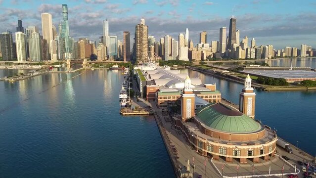 Beautiful aerial over of entire Navy Pier and Chicago skyline in morning light