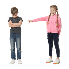 Girl laughing and pointing at upset boy on white background. Children's bullying