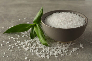 Bowl of natural sea salt and green leaf on grey table