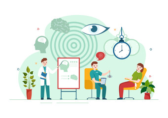 Hypnosis with Black and White Spirals Creating an Altered State of Mind for Treatment Services in Flat Cartoon Hand Drawn Template Illustration