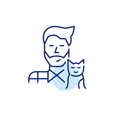 Young hipster guy wearing a shirt with his cat. Pet lover cute icon. Pixel perfect, editable stroke art