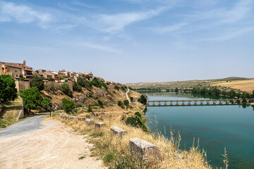 Fototapeta na wymiar Bridge over the Linares del Arroyo reservoir. Maderuelo. Segovia. Spain. Europe.