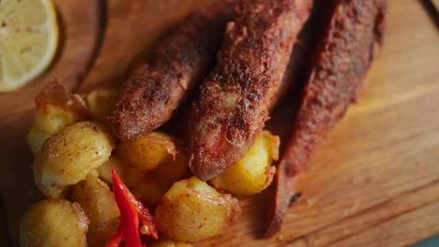 fried surmullet fish with potato and lemon on wooden board on black background