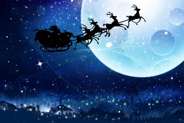 Santa Claus magic sleigh in sky