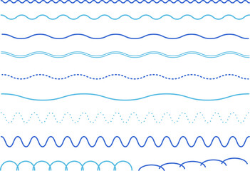 青色と水色のシンプルな飾り罫線・ラインのイラストセット（波線、波模様、点線）