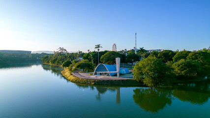 Lagoa da Pampulha, in Belo Horizonte, overlooking the Church of São Francisco de Assis and Guanabara Park. Minas Gerais Brazil. Aerial view - obrazy, fototapety, plakaty