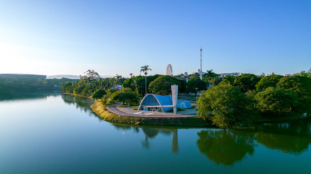 Lagoa da Pampulha, in Belo Horizonte, overlooking the Church of São Francisco de Assis and Guanabara Park. Minas Gerais Brazil. Aerial view