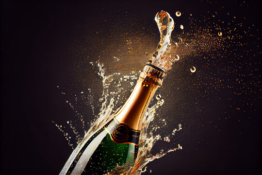 champagne bottle popping open with a spray of golden liquid coming out