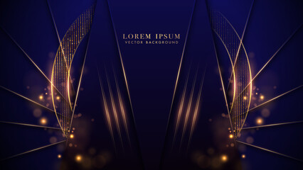 Gold circle and a gold line with glitter glowing effects, shine dots, and bokeh components on luxurious dark blue background