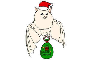 Adorable albino bat using christmas attributes carrying a bag of gifts