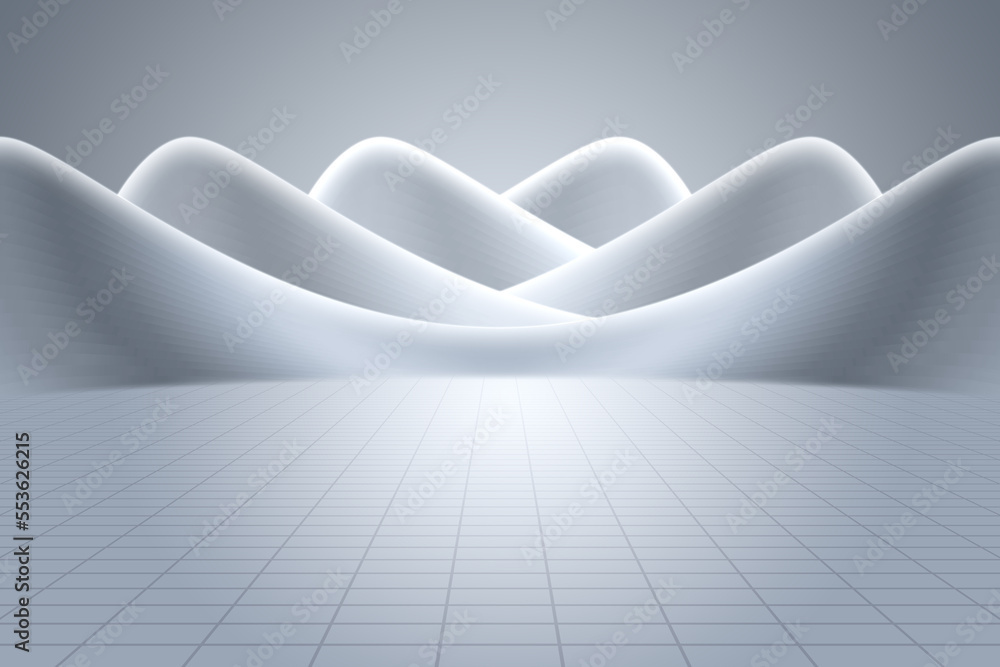 Poster 3d rendering of silver-white curved abstract building with ground background
