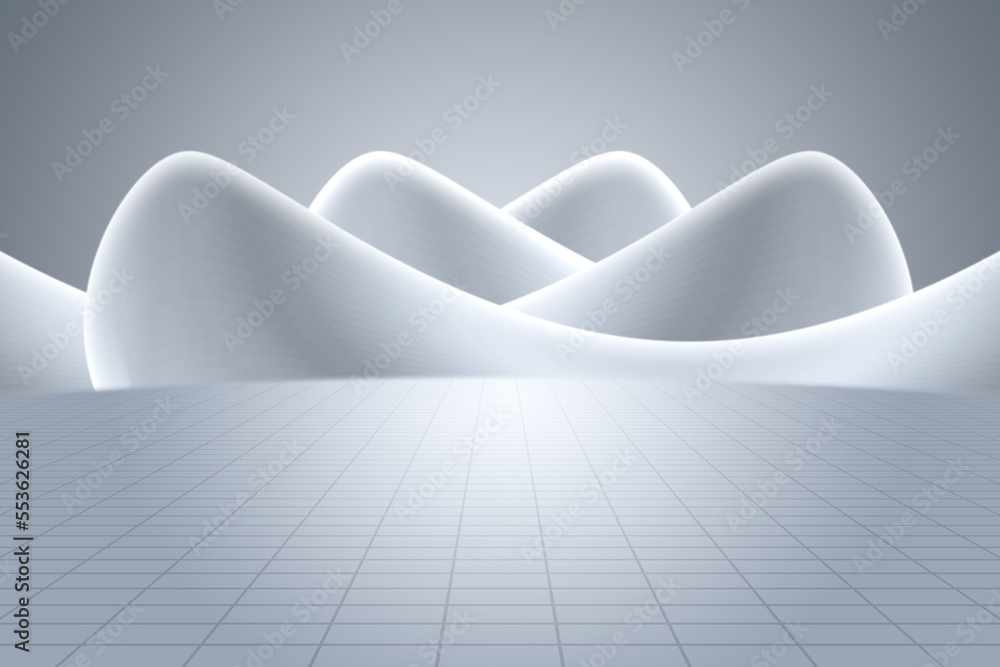 Poster 3d rendering of silver-white curved abstract building with ground background