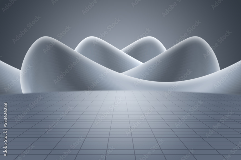 Poster 3d rendering of silver curved abstract building with ground background