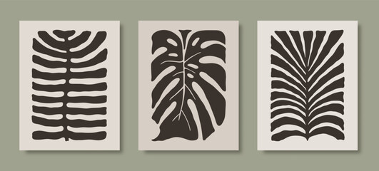 Abstract Naive Tropical Leaves Posters with Monstera, Palms and Ferns. Modern Floral Print. Trendy Vector Illustration - obrazy, fototapety, plakaty