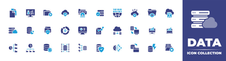 Data icon Collection. Duotone color. Vector illustration. Containing home, cloud computing, folder, analytics, copy, data analysis, pie chart, database, server, data collection, and more.