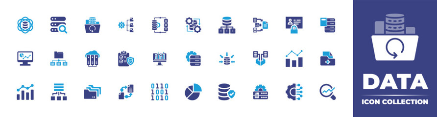 Data icon Collection. Duotone color. Vector illustration. Containing data integration, data management, file backup, search, data science, analytics, check, data network, and more.