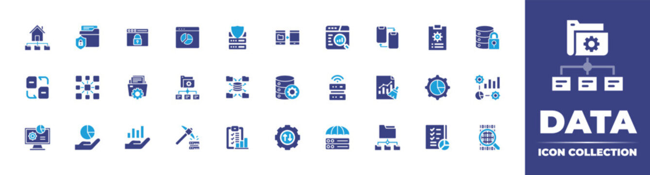 Data icon Collection. Duotone color. Vector illustration. Containing data protection, data analysis, data security, data warehouse, oracle data integrator, data integration, data management, and more.