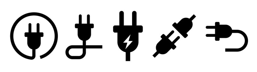 Power plug icon set. Various five types of monochrome icons.