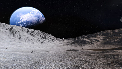 Plakat 3d illustration. View of the planet Earth from the surface of the Moon.