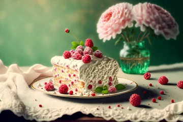 Fotobehang cake slice on  table.  Image created with Generative AI technology. © EwaStudio