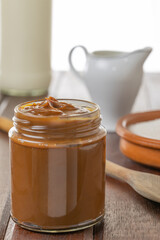 Close up of jar of Dulce de leche, traditional sweet from Argentina.