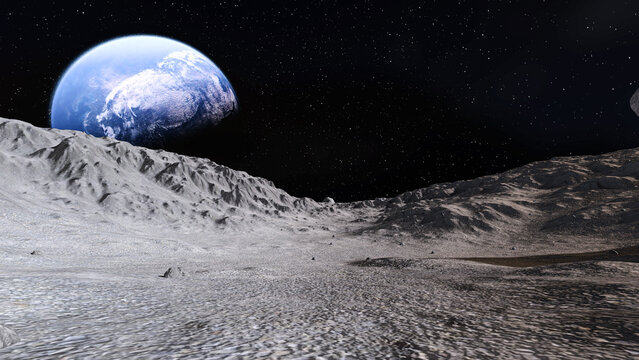 3d illustration. View of the planet Earth from the surface of the Moon.
