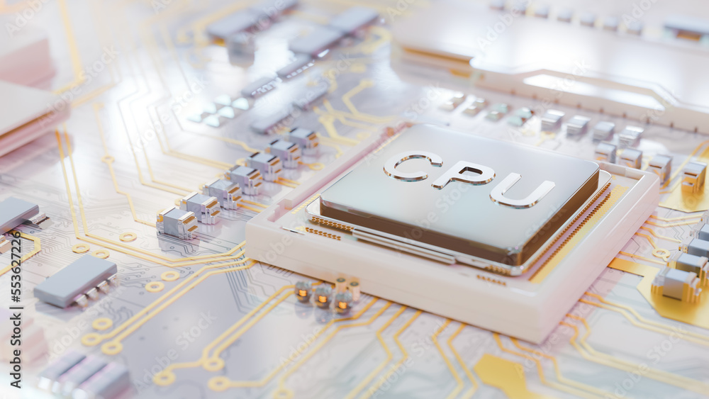 Poster cpu chip or processor on motherboard pastel color. yellow circuit pattern on blue board. futuristic 
