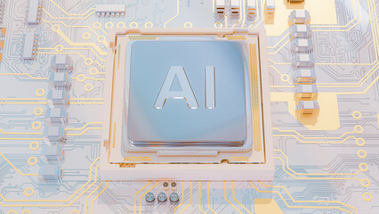 AI Chip or processor on motherboard pastel color. Yellow circuit pattern on blue board. futuristic and technology art concept, 3D render.