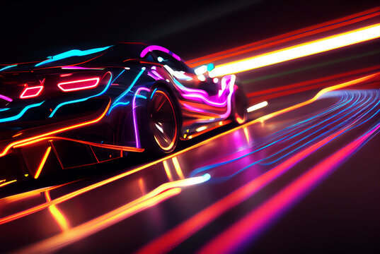 Futuristic Super Car On Neon Highway. Powerful acceleration of a supercar on a night track with colorful neon lights and trails image created with Generative AI technology.