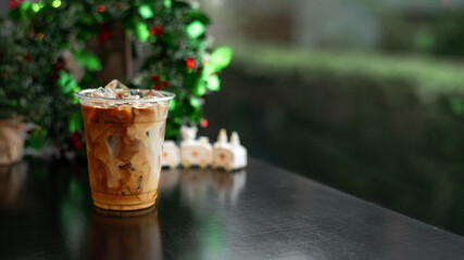 Fototapeta na wymiar iced coffee with a Christmas holiday theme