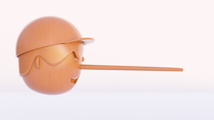 Illustration of wooden long nose pinocchio head doll isolated on white background with clipping path. 3D rendering.
