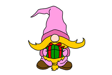 Adorable pink gnome carrying a christmas gift box
