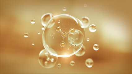 3D rendering, Molecule inside liquid bubble on golden background, Cosmetic essence oil.
