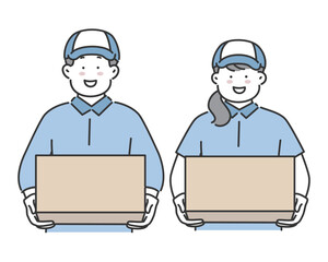 ダンボールを持つ男女の引っ越し業社 作業員 配達員のイラスト素材