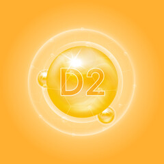 Obraz premium Vitamin D2 orange. Vitamins complex and bubble collagen serum chemical formula. For food supplement design and beauty treatment skin care. Medical and scientific concepts. 3D Vector EPS10.
