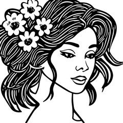 Line art of beautiful woman with wavy hair and flowers decorating her hair