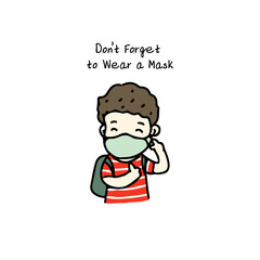 A boy wearing a surgical mask to prevent virus, freehand drawn style on white background